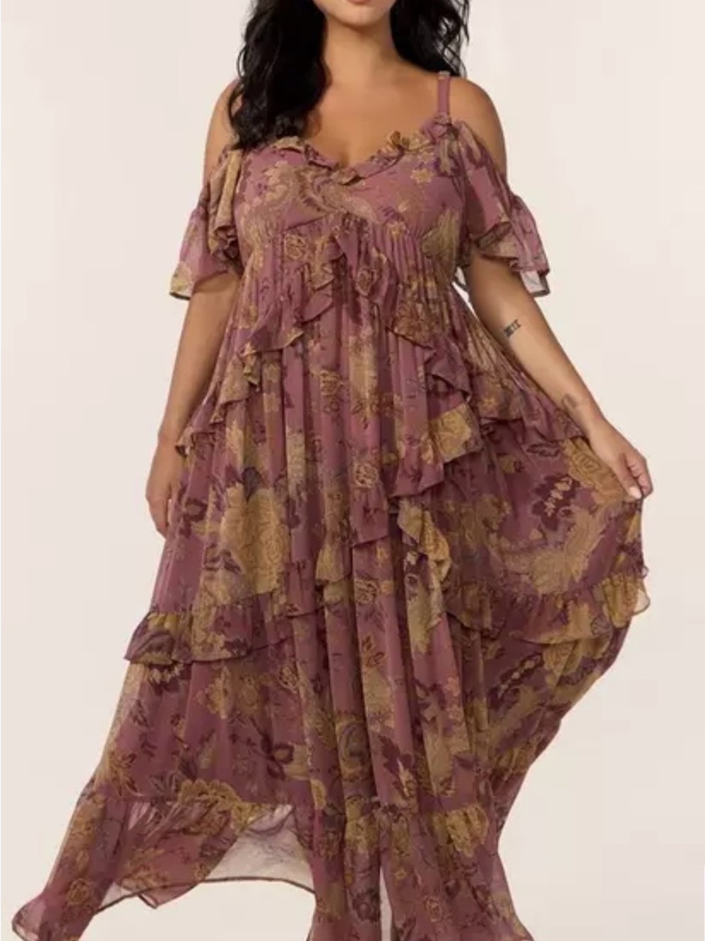 Bohemian Ruffle Cold-Shoulder Maxi Dress - Mauve Floral..